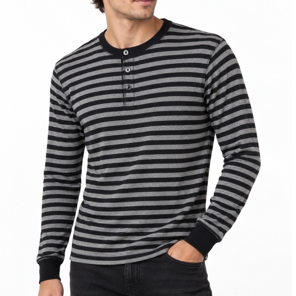 Men's Black Gray Striped Henley Shirt Size L Long Sleeve Knit Pullover winter